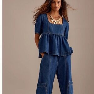 ALIGNE Aliana Denim Peplum Top Size 8 Square Neck